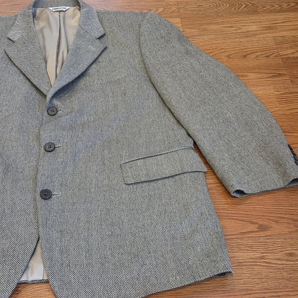 VTG Tweed Jacket L Black Beige Herringbone 100% Lambs Wool Blazer Sport Coat 44R - Picture 3 of 16